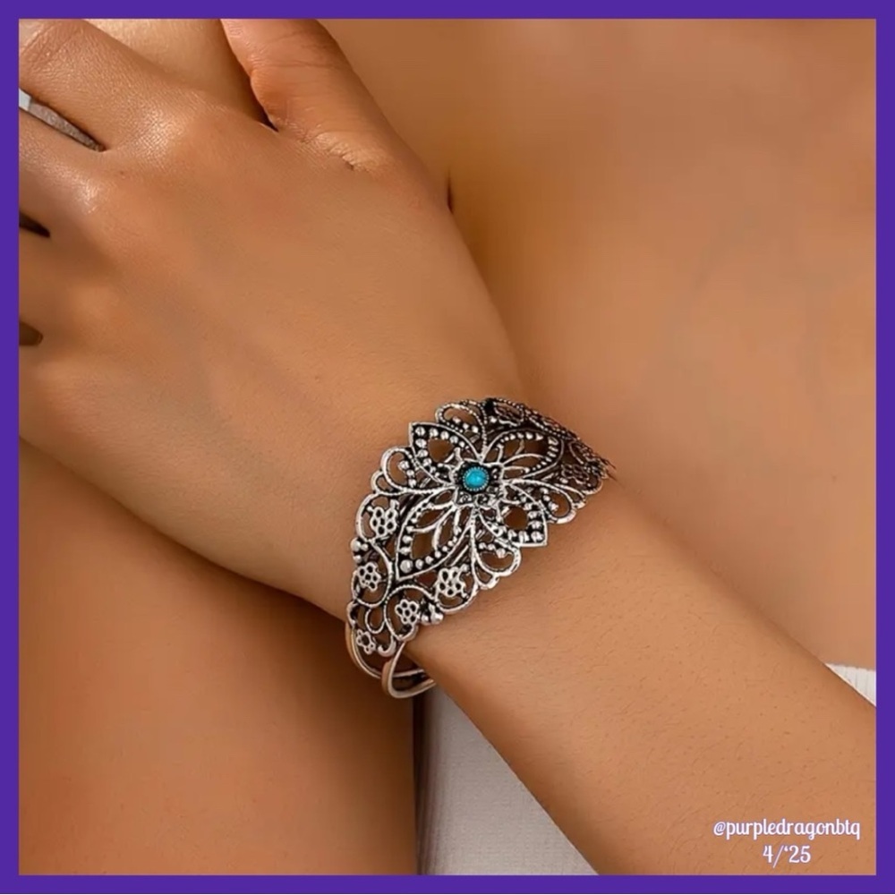 Delicate Filigree Turquoise And Silver Cuff Bracelet NWOT